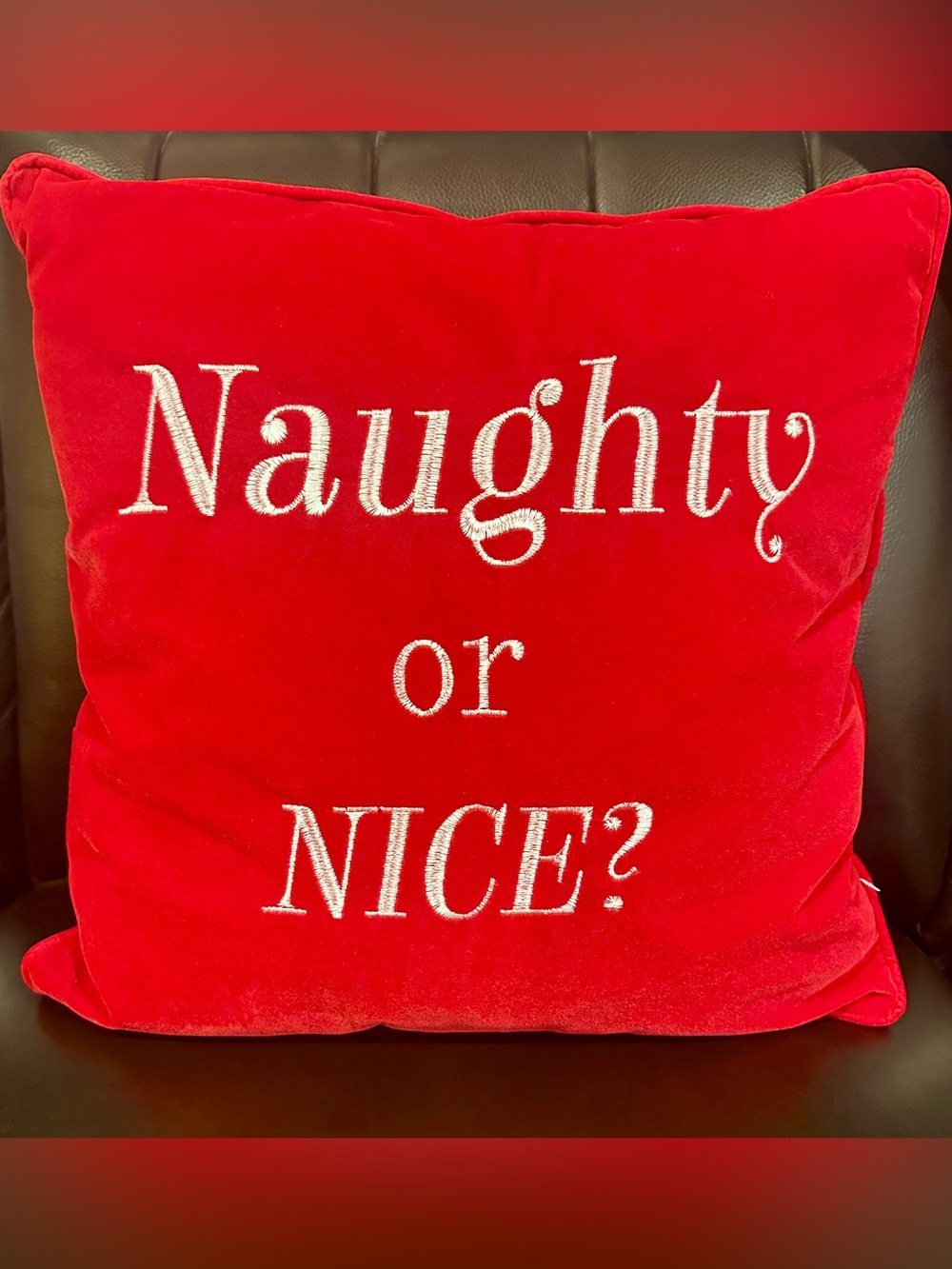 Christmas Throw Pillow Red Velvet Naughty Or Nice Embroidered Holiday 16x18